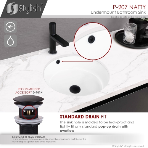 STYLISH 16 inch Round Undermount Ceramic Bathroom Sink with 2 Overflow Finishes