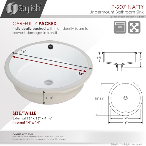 STYLISH 16 inch Round Undermount Ceramic Bathroom Sink with 2 Overflow Finishes