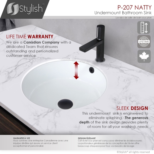 STYLISH 16 inch Round Undermount Ceramic Bathroom Sink with 2 Overflow Finishes