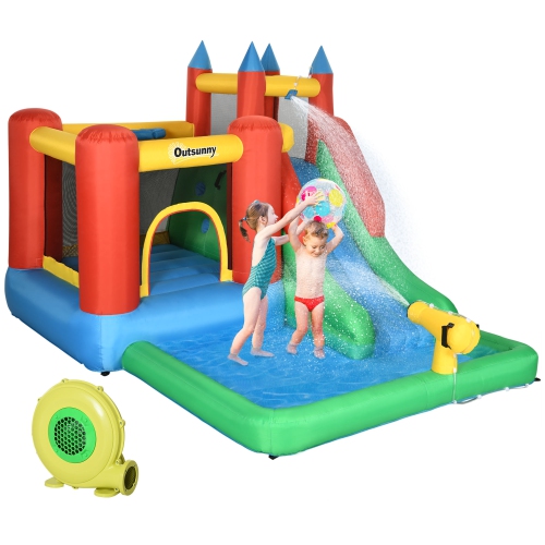Outsunny Kids Bouncy House Inflatable Toys Pool Water Slide Trampoline, Bounce Castle Climbing Wall with Inflator, Inflatable Games for Boys and