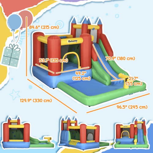 Outsunny Kids Bouncy House Inflatable Toys Pool Water Slide Trampoline, Bounce Castle Climbing Wall with Inflator, Inflatable Games for Boys and
