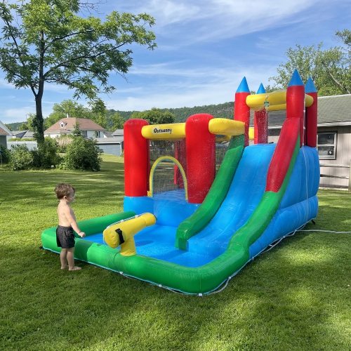 Outsunny Kids Bouncy House Inflatable Toys Pool Water Slide Trampoline, Bounce Castle Climbing Wall with Inflator, Inflatable Games for Boys and
