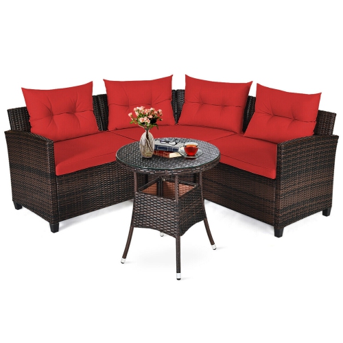 Gymax 4PCS Patio Furniture Set Outdoor Rattan Sectional Sofa Set w/ Red Cushions