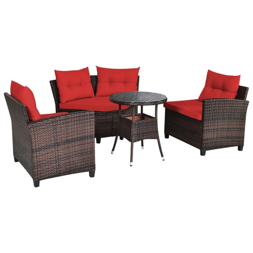 Gymax 4PCS Patio Furniture Set Outdoor Rattan Sectional Sofa Set w/ Red Cushions