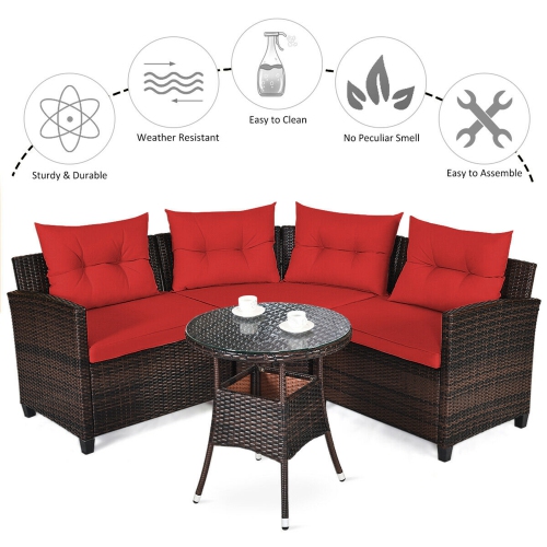 Gymax 4PCS Patio Furniture Set Outdoor Rattan Sectional Sofa Set w/ Red Cushions