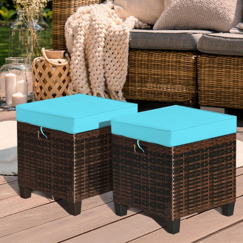 Gymax Set of 2 Patio Rattan Ottoman Footrest Garden Outdoor w/ Turquoise Cushion
