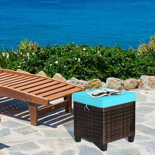 Gymax Set of 2 Patio Rattan Ottoman Footrest Garden Outdoor w/ Turquoise Cushion