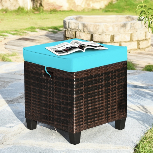 Gymax Set of 2 Patio Rattan Ottoman Footrest Garden Outdoor w/ Turquoise Cushion