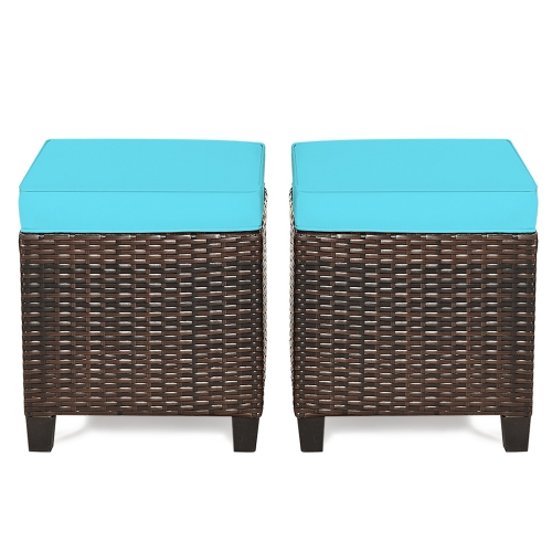 Gymax Set of 2 Patio Rattan Ottoman Footrest Garden Outdoor w/ Turquoise Cushion