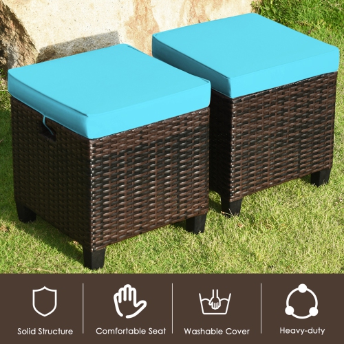 Gymax Set of 2 Patio Rattan Ottoman Footrest Garden Outdoor w/ Turquoise Cushion