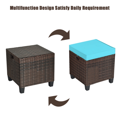 Gymax Set of 2 Patio Rattan Ottoman Footrest Garden Outdoor w/ Turquoise Cushion