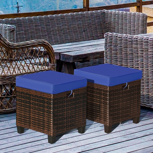 Gymax Set of 2 Patio Rattan Ottoman Footrest Garden Outdoor w/ Navy Cushion