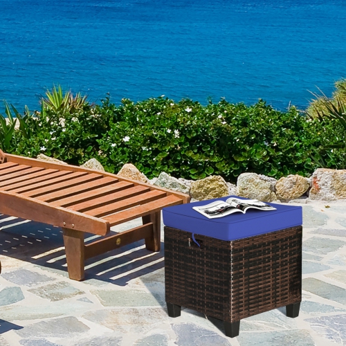 Gymax Set of 2 Patio Rattan Ottoman Footrest Garden Outdoor w/ Navy Cushion