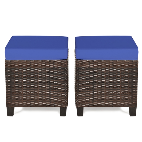 Gymax Set of 2 Patio Rattan Ottoman Footrest Garden Outdoor w/ Navy Cushion