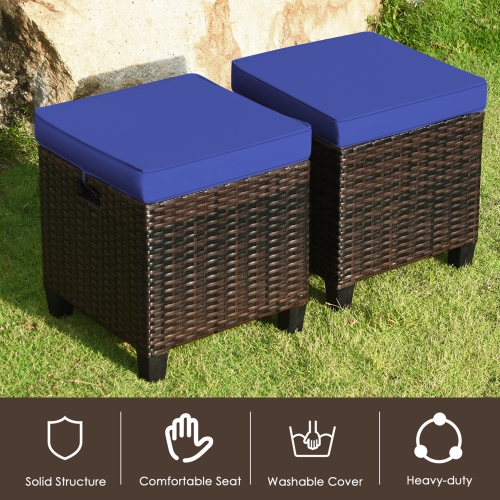 Gymax Set of 2 Patio Rattan Ottoman Footrest Garden Outdoor w/ Navy Cushion
