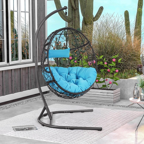 Gymax Hanging Hammock Chair Egg Swing Chair w/ Blue Cushion Pillow Stand
