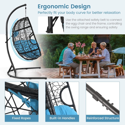 Gymax Hanging Hammock Chair Egg Swing Chair w/ Blue Cushion Pillow Stand