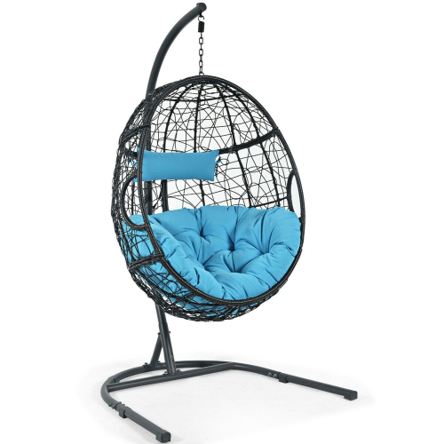Gymax Hanging Hammock Chair Egg Swing Chair w/ Blue Cushion Pillow Stand
