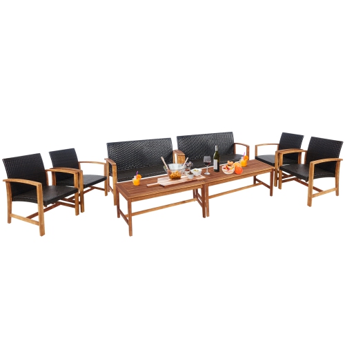 GYMAX  8PCs Patio Conversation Set Outdoor Furniture Set W/ Acacia Wood Frame