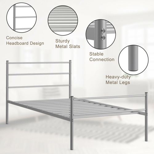 Gymax Twin Size Metal Bed Frame Platform Mattress Foundation W/ Headboard Silver