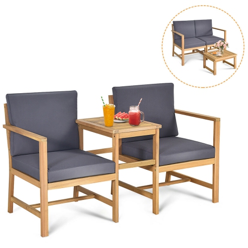 Gymax 3 in 1 Acacia Wood Furniture Set Patio Outdoor w/ Cushion Coffee Table