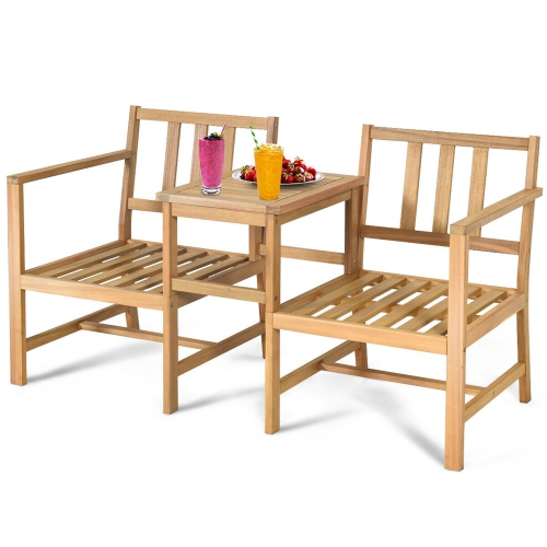 Gymax 3 in 1 Acacia Wood Furniture Set Patio Outdoor w/ Cushion Coffee Table