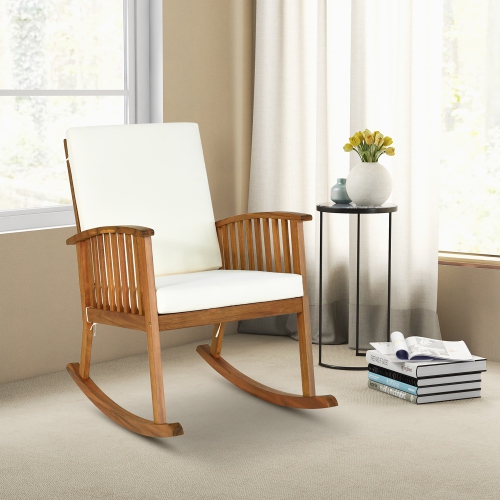 Gymax 2PCS Patio Wooden Rocking Chair Lawn Garden Outdoor w/ Armrest Cushion