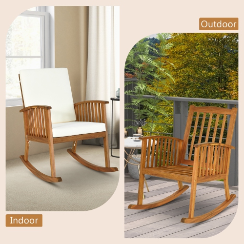 Gymax 2PCS Patio Wooden Rocking Chair Lawn Garden Outdoor w/ Armrest Cushion