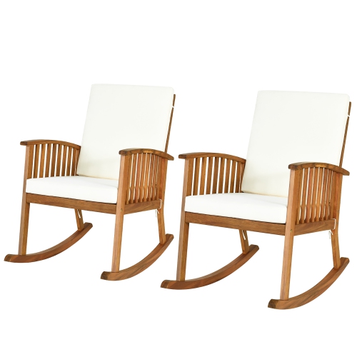 Gymax 2PCS Patio Wooden Rocking Chair Lawn Garden Outdoor w/ Armrest Cushion