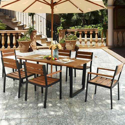 7PCS Ensemble de salle à manger de patio Ensemble de mobiliers d'extérieur avec 6 fauteuils avec trou pour parasol Gymax