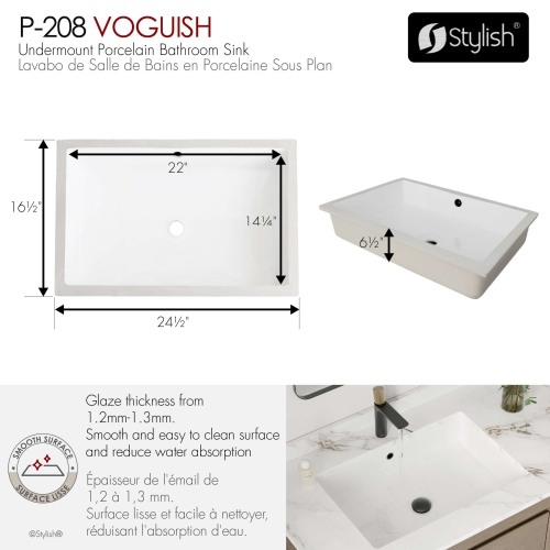 24.5" W x 16.5" D White Rectangular Undermount Bathroom Sink