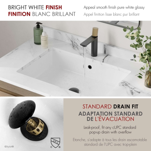 24.5" W x 16.5" D White Rectangular Undermount Bathroom Sink