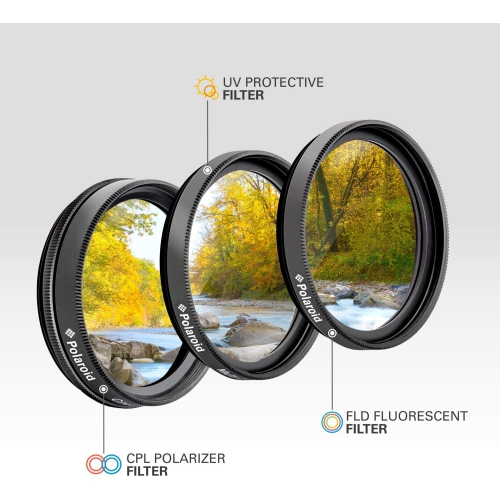 L’ensemble de 3 filtres de 46 mm de Polaroid Optics [UV, CPL, FLD] comprend un étui de transport en nylon – compatible avec tous les modèles