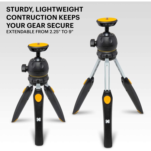 KODAK PhotoGear Mini Adjustable Tripod with 360° Ball Head, Compact 9” Tabletop Tripod Converts to 11” Selfie Stick, 5-Position Legs, Rubber Feet,