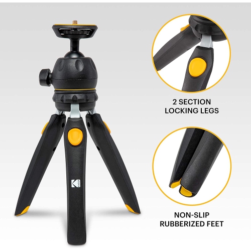 KODAK PhotoGear Mini Adjustable Tripod with 360° Ball Head, Compact 9” Tabletop Tripod Converts to 11” Selfie Stick, 5-Position Legs, Rubber Feet,