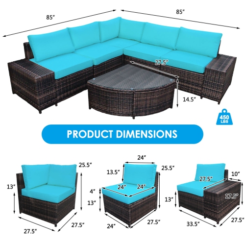 Gymax 6PCS Wicker Furniture Sectional Sofa Set w/ Cushions Turquoise