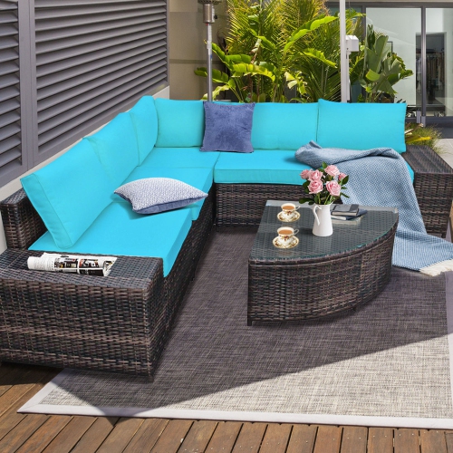 Gymax 6PCS Wicker Furniture Sectional Sofa Set w/ Cushions Turquoise