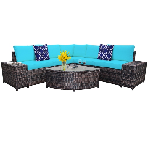 Gymax 6PCS Wicker Furniture Sectional Sofa Set w/ Cushions Turquoise