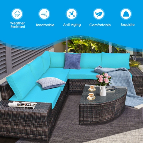 Gymax 6PCS Wicker Furniture Sectional Sofa Set w/ Cushions Turquoise