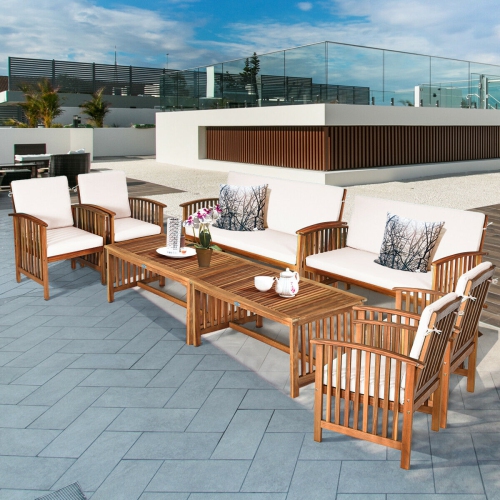 GYMAX  8PCs Wooden Patio Conversation Set Outdoor Furniture Set W/ Cushions