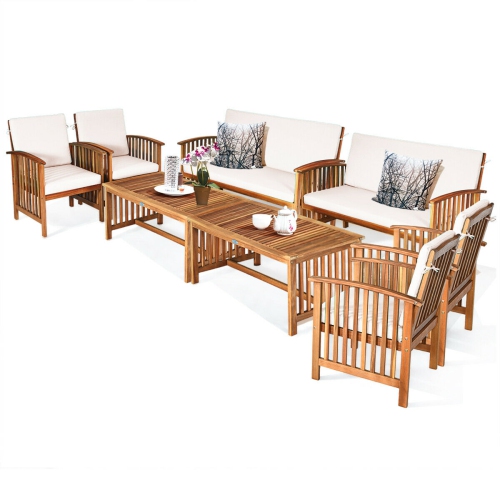 Gymax 8PCS Wooden Patio Conversation Set Outdoor Furniture Set w/ Cushions