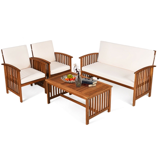 Gymax 8PCS Wooden Patio Conversation Set Outdoor Furniture Set w/ Cushions