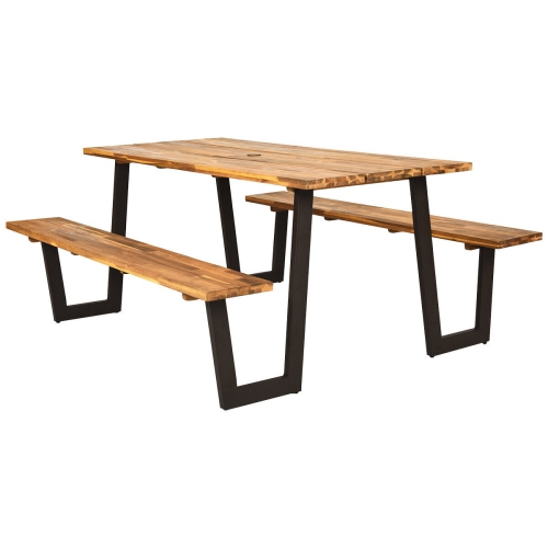 Gymax Patented Picnic Table Bench Set Outdoor Camping Wooden 2 Built-in Benches w/Umbrella Hole