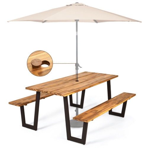 Gymax Patented Picnic Table Bench Set Outdoor Camping Wooden 2 Built-in Benches w/Umbrella Hole