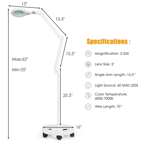 Led Magnifying Glass Floor Lamp, Magnifying Floor Lamp With 5 Wheels Rolling Base