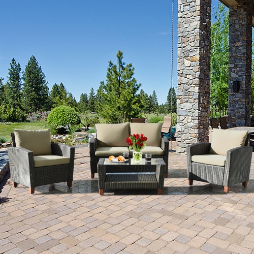 Gymax 8PCS Cushioned Rattan Conversation Set w/ Coffee Table Patio Outdoor