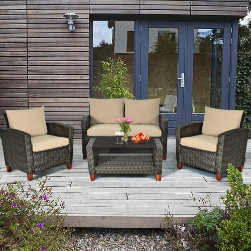 Gymax 8PCS Cushioned Rattan Conversation Set w/ Coffee Table Patio Outdoor