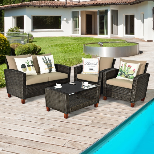 Gymax 8PCS Cushioned Rattan Conversation Set w/ Coffee Table Patio Outdoor