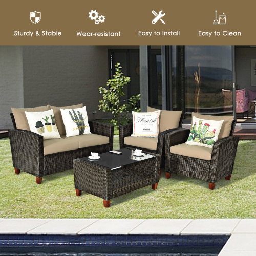 Gymax 8PCS Cushioned Rattan Conversation Set w/ Coffee Table Patio Outdoor