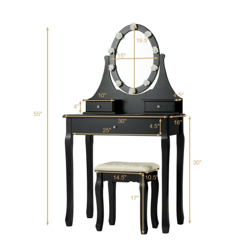 Gymax Bedroom Vanity Set Makeup Dressing Table 3 Drawers Lighted Mirror W/10 LED Bulbs Black
